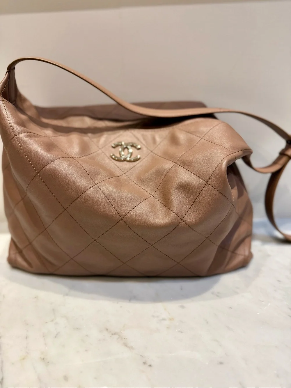 CHANEL Quilted Lambskin Shoulder Bag in Taupe